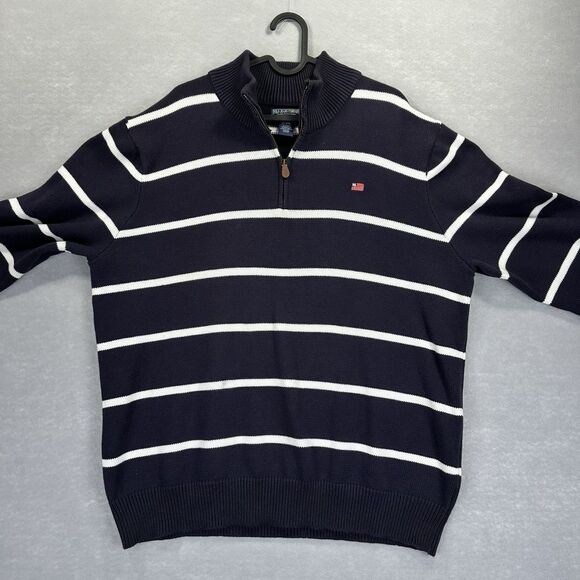 VTG Ralph Lauren Polo Jeans Co Striped 1/4 Zip Pullover Sweater RL Flag Size XL - Picture 9 of 10